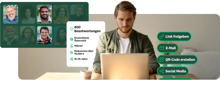 Mann, der an einem Laptop arbeitet. Um ihn herum demografische Daten der Befragten und Optionen zum Distribuieren der Umfrage per Link, E-Mail, QR-Code oder Post in den Social Media.