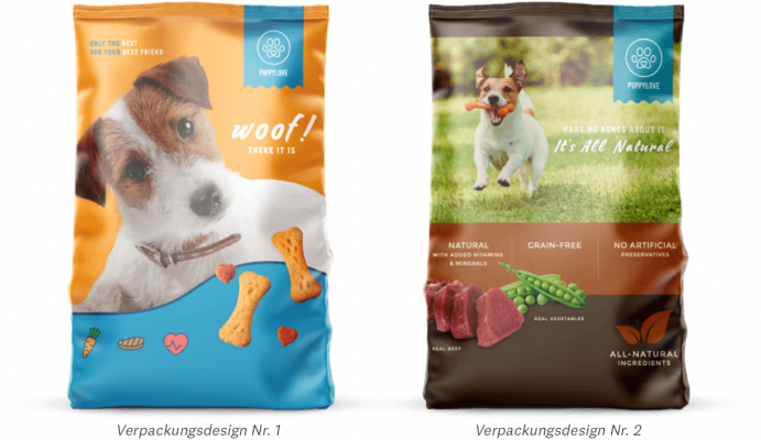 Zwei Verpackungsentwürfe für Hundefutter nebeneinander