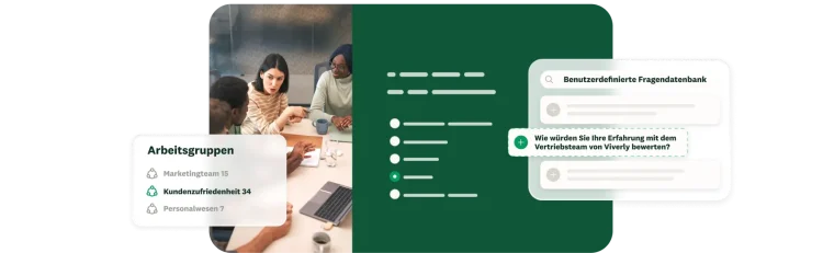 Benutzeroberfläche für die Team-Zusammenarbeit, auf der Arbeitsgruppen, Umfrageerstellung und eine benutzerdefinierte Fragendatenbank abgebildet sind.