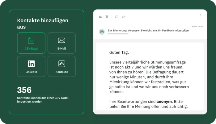 Option zum Hinzufügen von Kontakten zum Versenden der Umfrage per CSV-Datei, E-Mail, LinkedIn und an gespeicherte Kontakte sowie eine E-Mail-Aufforderung zur Teilnahme an der vierteljährlichen Stimmungsumfrage