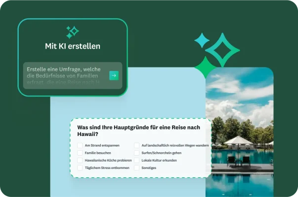 Anfrage im Rahmen des Features „Mit KI erstellen“, um die Bedürfnisse von Familien zu untersuchen, die eine Reise nach Hawaii planen, daneben die Frage nach den Hauptgründen für eine Reise nach Hawaii