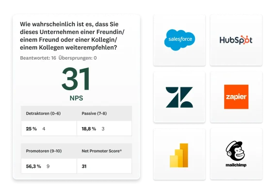 Ein SurveyMonkey-Screenshot, der NPS-Ergebnisse und Integrationslogos zeigt