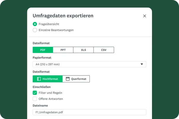 Datenexportfunktion für die Umfragen unter anderem mit dem Feature für die Wahl des Dateiformats und der Angabe, was exportiert werden soll