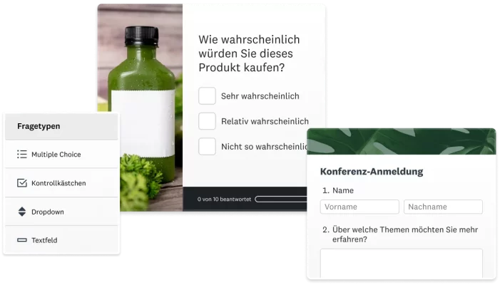 Screenshots von Fragen und einem Anmeldeformular von SurveyMonkey