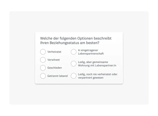 Beispiel für eine demografische Segmentierungsfrage: Welche der folgenden Optionen beschreibt Ihren aktuellen Beziehungsstatus am besten?