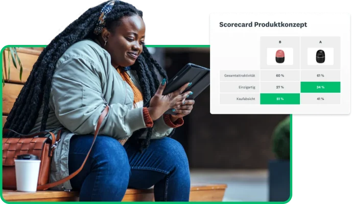 Frau, die auf ein Tablet schaut. Neben ihr ein Screenshot einer Produkt-Scorecard von SurveyMonkey.