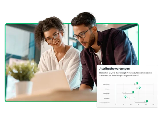 Zwei Personen sehen zusammen auf einen Laptop-Bildschirm, daneben ein Diagramm mit Attributbewertungen