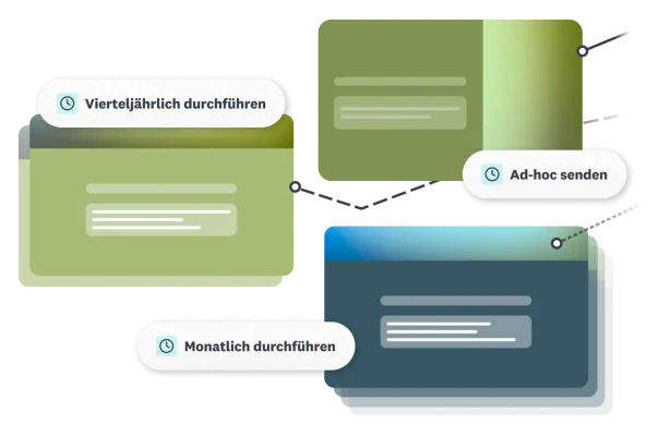 Linien, die Umfragen verbinden, und Optionen für die vierteljährliche oder monatliche Durchführung oder das Ad-hoc-Senden.