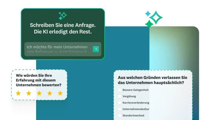 Verschiedene Einblendungen von Fragen sowie die Möglichkeit, der KI die Erstellung der Umfrage zu überlassen.
