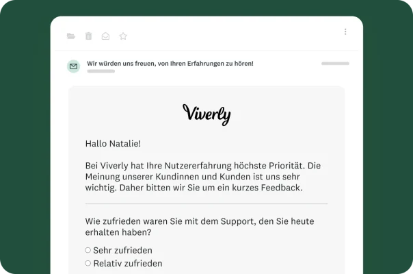 E-Mail, in der eine Benutzerin aufgefordert wird, ihre Meinung abzugeben und an einer Umfrage teilzunehmen