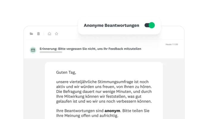 E-Mail mit der Bitte an die Mitarbeitenden, eine vierteljährliche Stimmungsumfrage zu beantworten. Die anonyme Beantwortung ist aktiviert.