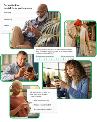 Fotos von verschiedenen Personen, die auf ihre Smartphones blicken, mit Screenshots von Fragen daneben