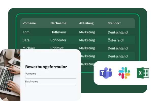 „Bewerbungsformular“ wird neben einer Tabelle mit Namen, Abteilungen und Standorten der Bewerbenden angezeigt. Darunter sind Logos von Microsoft Teams, Slack und Excel zu sehen.
