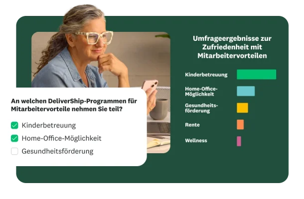 Frau, die auf ihr Handy schaut. Überlagert wird eine Frage danach gezeigt, welche Zusatzleistungen eine Person in Anspruch nimmt. Rechts davon ist ein Säulendiagramm mit den „Umfrageergebnissen zur Zufriedenheit mit Zusatzleistungen“ zu sehen. Diese hat die Rubriken „Kinderbetreuung“, „Home-Office-Möglichkeit“, „Gesundheitsförderung“, „Rente“ und „Wellness“.