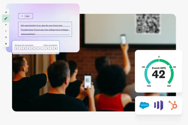 Raum mit einer Projektorwand, auf der ein QR-Code zu sehen ist, und Personen, die ihre Smartphones hochhalten, um ein Foto zu machen, daneben ein NPS-Wert für ein Event von 42, verschiedene Firmenlogos wie Salesforce und HubSpot und ein Screenshot mit einer Frage, über die in Erfahrung gebracht werden soll, wie wahrscheinlich es ist, dass dieses Event einer Freundin oder einem Freund weiterempfohlen wird