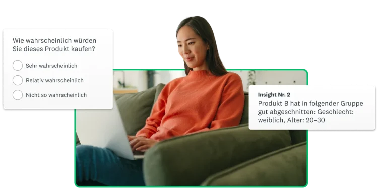 Frau mit Laptop auf ihrem Schoß. Neben Ihr Screenshots von Fragen und Erkenntnisse daraus.