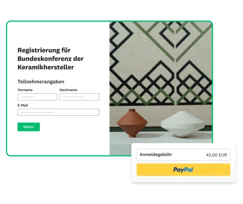 Screenshot eines Formulars für die Konferenzanmeldung. Daneben eine Anmeldegebühr, die von PayPal abgewickelt wird