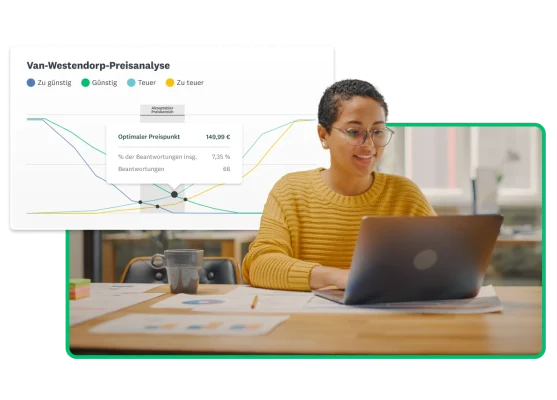 Frau arbeitet am Notebook. Neben ihr ist eine Grafik abgebildet, die basierend auf den Beantwortungen den optimalen Preispunkt zeigt.