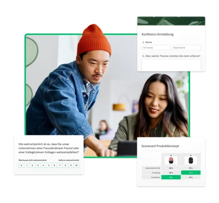Zwei Personen, die gemeinsam auf ein Tablet schauen, daneben ein Screenshot verschiedener Features in SurveyMonkey