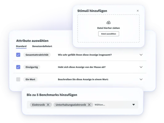 Screenshots der Schritte bei Werbetests: Werbebilder hochladen, zu testende Attribute auswählen und bis zu 5 Benchmarks hinzufügen.