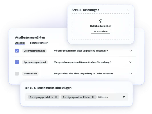 Screenshots der Schritte bei Verpackungstests: Stimuli hinzufügen, Attribute auswählen, bis zu 5 Benchmarks hinzufügen.