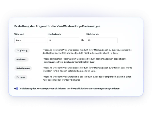 Screenshot mit Fragen, die für die Van-Westendorp-Preisanalyse benötigt werden.