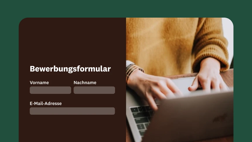 Eine Person tippt auf einem Laptop mit einem Overlay, das ein Bewerbungsformular zeigt.