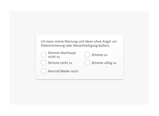 Multiple-Choice-Frage mit der Aussage: „Ich kann meine Meinung und Ideen ohne Angst vor Diskriminierung oder Benachteiligung äußern.“