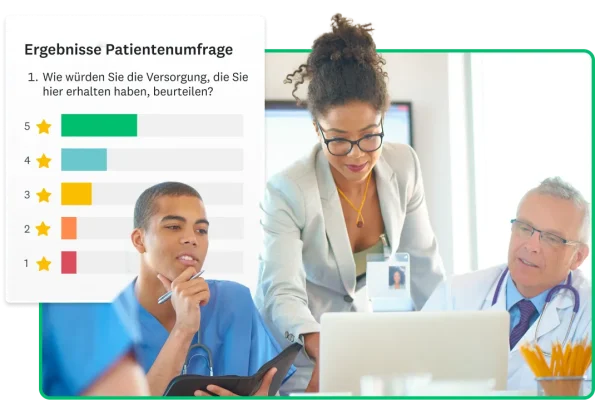 Frau, die auf einen Computerbildschirm zeigt. Daneben ein Screenshot mit Ergebnissen einer Patientenumfrage.