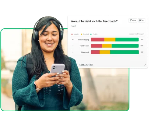 Frau, die Kopfhörer trägt und an ihrem Handy an einer Umfrage teilnimmt. Neben ihr ein Screenshot mit der Frage: „Worauf bezieht sich Ihr Feedback?“ und ein Balkendiagramm mit der Feedback-Übersicht.