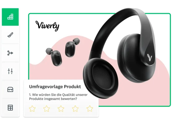 Screenshot einer Vorlage für eine Produktumfrage mit der Frage: „Wie würden Sie die Qualität unserer Produkte insgesamt bewerten?“, daneben Kopfhörer