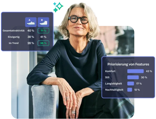Frau sitzt auf einem Sofa. Neben ihr eine Scorecard mit Ergebnissen eines Produkttests für Sneaker und ein Maxdiff-Balkendiagramm.