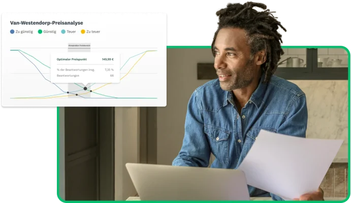 Mann, der Papiere in der Hand hält. Neben ihm ein Screenshot einer Van-Westendorp-Preisanalyse von SurveyMonkey.
