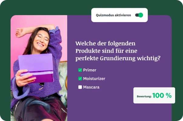 Lächelnde Frau mit einem Overlay eines Multiple-Choice-Quiz zu Make-up im Quizmodus und einer Bewertung von 100 %