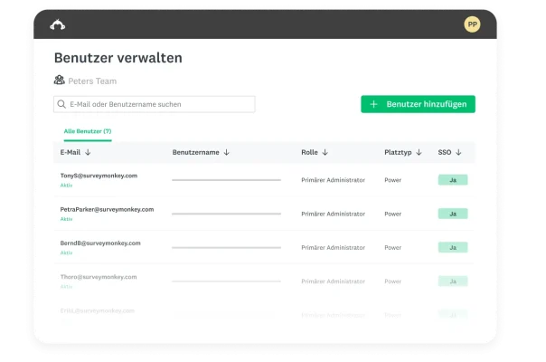 Bildschirm zur SurveyMonkey-Benutzerverwaltung.