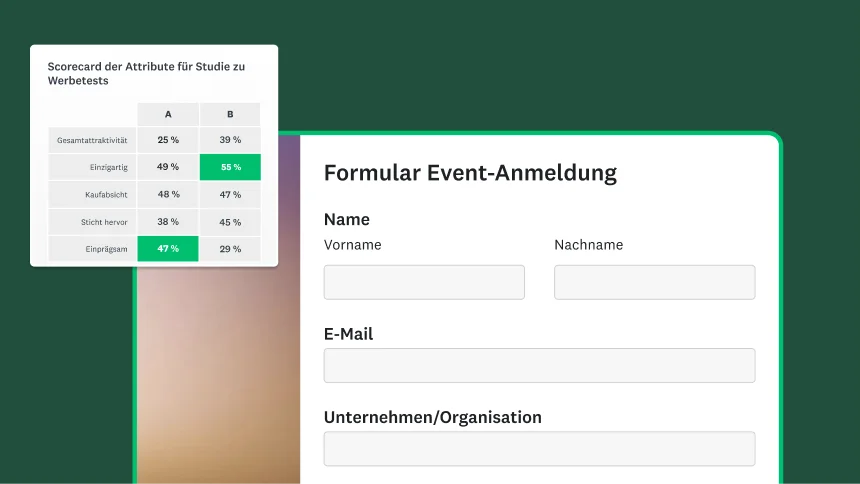 Vorlage für ein Formular zur Event-Anmeldung, daneben eine Tabelle mit der Scorecard für die Attribute der Werbetests