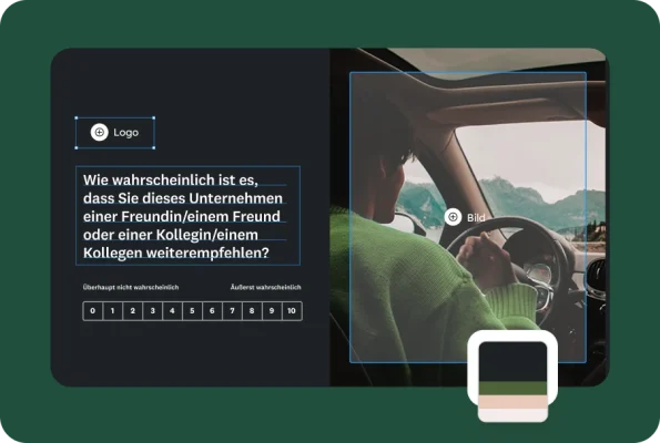 Bildschirm zur Umfrageerstellung neben dem Bild einer Person am Steuer und eine NPS-Frage dazu, wie wahrscheinlich es ist, dass Sie das Unternehmen einem Freund/einer Freundin oder einem Kollegen/einer Kollegin weiterempfehlen