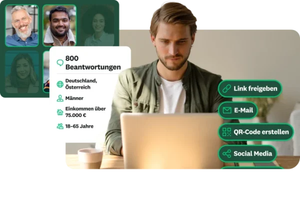 Mann, der an einem Laptop arbeitet. Um ihn herum demografische Daten der Befragten und Optionen zum Distribuieren der Umfrage per Link, E-Mail, QR-Code oder Post in den Social Media.