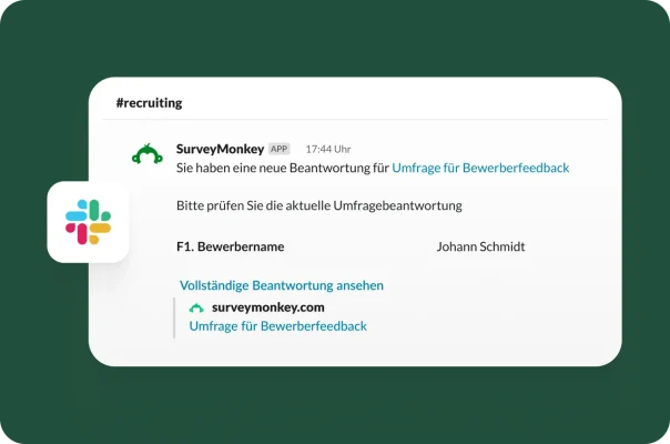 Eine Slack-Benachrichtigung, die eine neue Beantwortung bei einer SurveyMonkey-Befragung für Bewerberfeedback anzeigt.