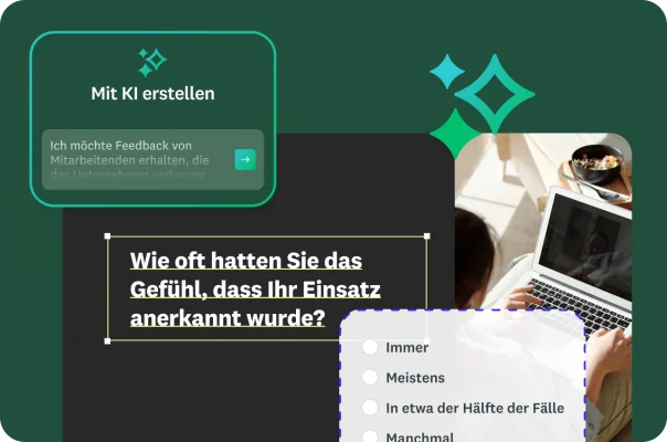 Eine Person an einem Laptop und ein überlagertes Fenster, das eine KI-Anfrage und eine Multiple-Choice-Frage zeigt.