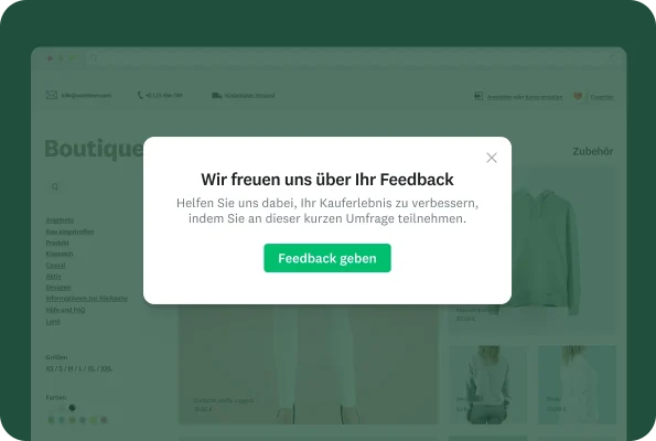 Popup auf einer Website, in dem dazu aufgefordert wird, Feedback durch Teilnahme an einer kurzen Befragung abzugeben