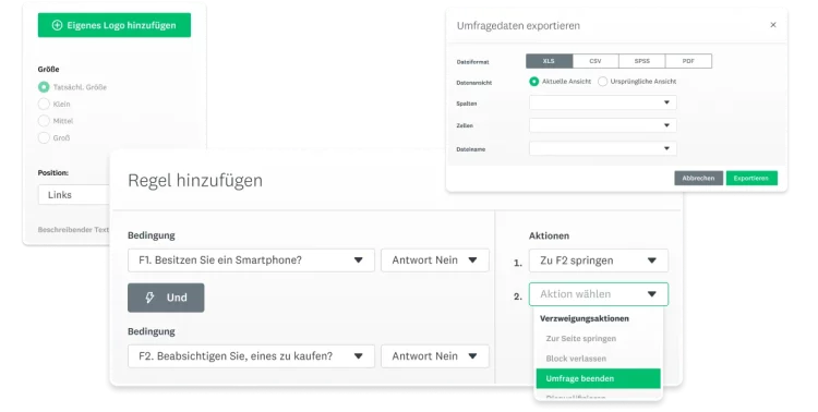 Screenshots von Features für den Datenexport und die Verzweigungslogik in SurveyMonkey