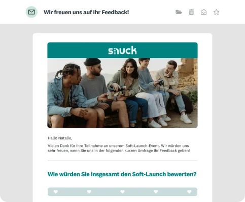 Personalisierte E-Mail-Einladung zu einer Umfrage für einen Soft-Launch von Snuck. Die Einladung enthält ein Foto und nennt den Vornamen der Kundin.