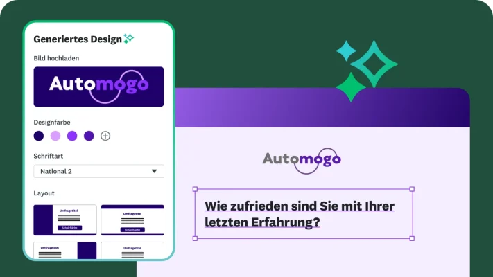 Eine Entwurfsoberfläche, die zeigt, wie ein benutzerdefiniertes Umfragedesign erstellt wird. Sie umfasst Optionen zum Hochladen eines Logos und zur Auswahl der Farben. In der Vorschau wird die Frage „Wie zufrieden sind Sie mit Ihrer letzten Erfahrung?“ sowie das Firmenlogo „Automogo“ angezeigt.