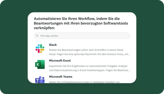 Screenshot verschiedener SurveyMonkey-Integrationen, einschließlich Slack, Microsoft Excel und Microsoft Teams