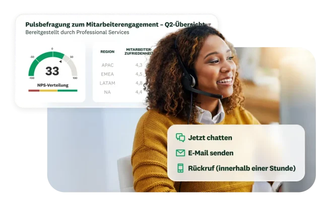 Frau mit Headset, die auf einen Computer sieht, daneben Ergebnisse der Kurzbefragungen zum Mitarbeiterengagement des 2. Quartals mit einem NPS von 33