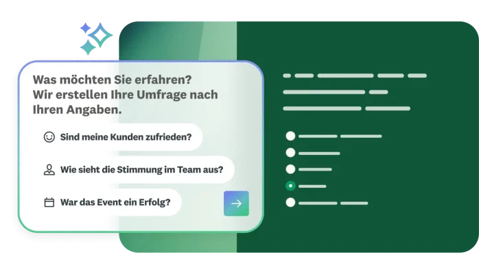 KI-gestützte Umfrageerstellung mit Optionen für Kundenzufriedenheit, Stimmung im Team und Befragungen zum Eventerfolg neben einem Mockup einer generierten Umfrage.