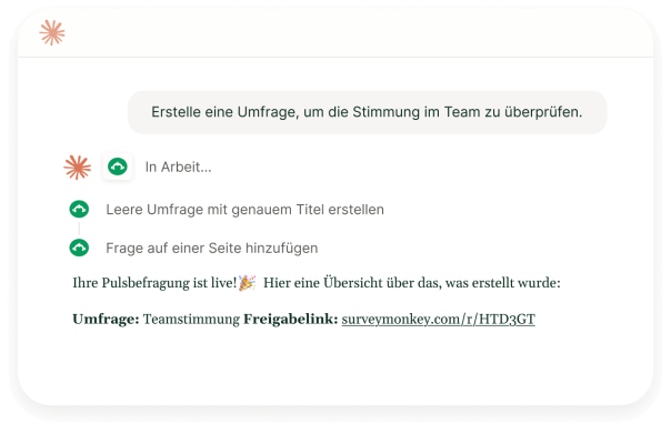 Screenshot der zeigt, wie ein KI-Assistent eine Umfrage zur Teamstimmung erstellt und einen Link zum Freigeben der Befragung generiert.