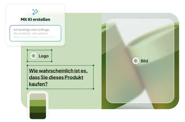 Oberfläche zur Erstellung von KI-gestützten Befragungen, auf der eine anpassbaren Umfrage zu Produktfeedback mit Platzhaltern für Logo, Bild und Farbpalette generiert wird.
