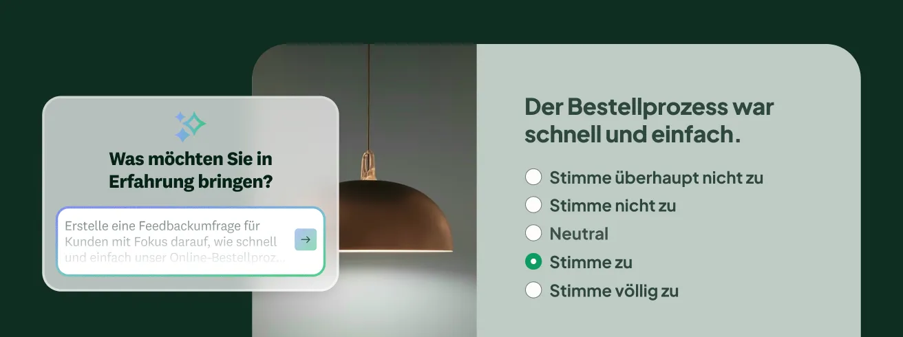 Screenshot einer KI-generierten Umfrage und eines Textfelds, in dem die Nutzenden aufgefordert werden, zu schreiben, was sie erfahren möchten.